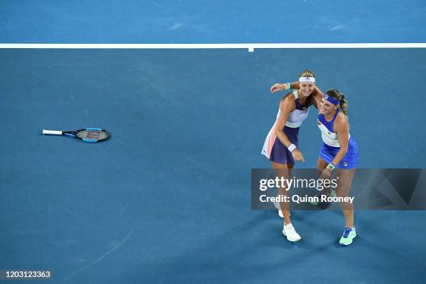 Timea Babos of Hungary and Kristina Mladenovic of France celebrate after winning their Women’s Doubles Final match against Su-Wei Hsieh of Taiwan and...