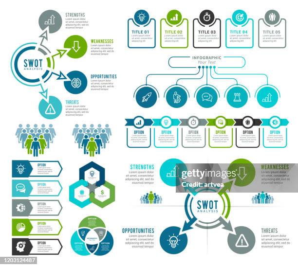 stockillustraties, clipart, cartoons en iconen met swot-analyse infographic-elementen en infographic-elementen - stroomschema