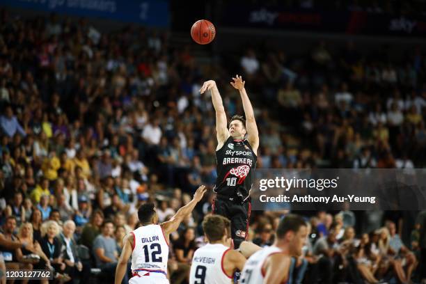 Tom Abercrombie of the Breakers takes a three pointer during the round 18 NBL match between the New Zealand Breakers and the Adelaide 36ers at Spark...