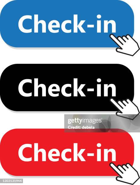 check-in button collection with hand pointer - airport check in counter stock illustrations