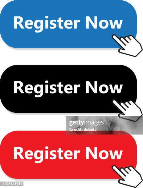 register now button collection with hand pointer - registration form stock illustrations
