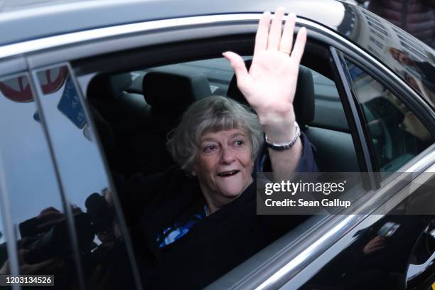 Brexit Party member of the European Parliament Anne Widdecombe waves as she and other Brexit Party Euro MPs depart from the Parliament to return to...