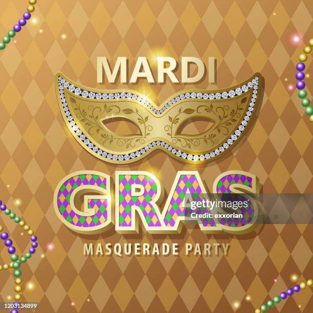 ilustraciones, imágenes clip art, dibujos animados e iconos de stock de mardi gras tipografía & máscara - mardi gras beads