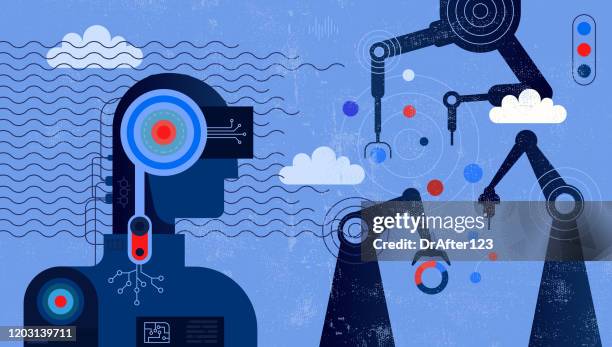 illustrazioni stock, clip art, cartoni animati e icone di tendenza di intelligenza artificiale che controlla i bracci robotici - cyborg