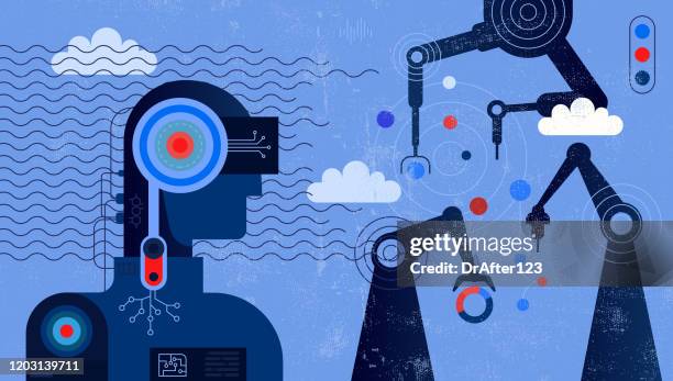 bildbanksillustrationer, clip art samt tecknat material och ikoner med artificiell intelligens kontrollerarobotaring vapen - robot