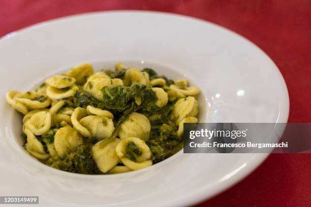 typical italian pasta(orecchiette) with turnip greens served on a white plate. - tradizione foto e immagini stock