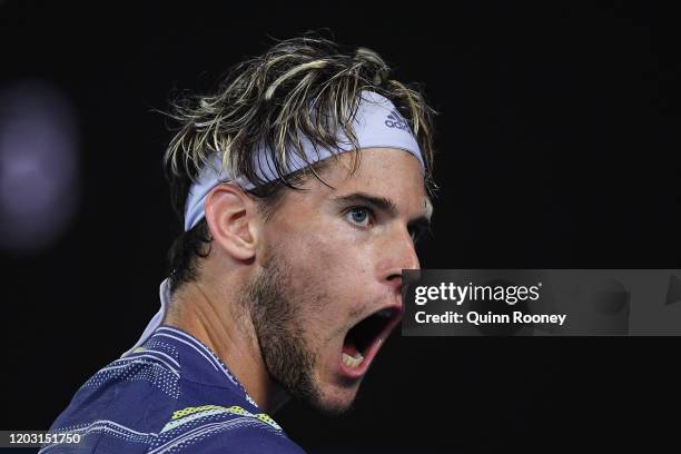 Dominic Thiem of Austria reacts during his Men's Singles Semifinal match against Alexander Zverev of Germany on day twelve of the 2020 Australian...