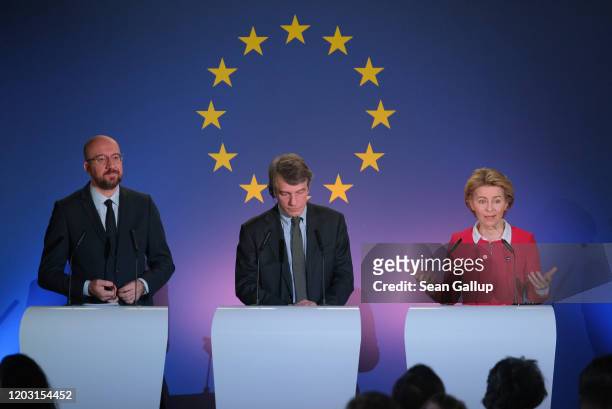 Charles Michel , President of the European Council, David Sassoli , President of the European Parliament, and Ursula von der Leyen, President of the...