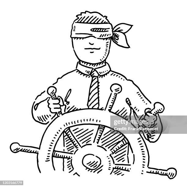 blindfold businessman navigating on steering wheel drawing - blindfold stock illustrations
