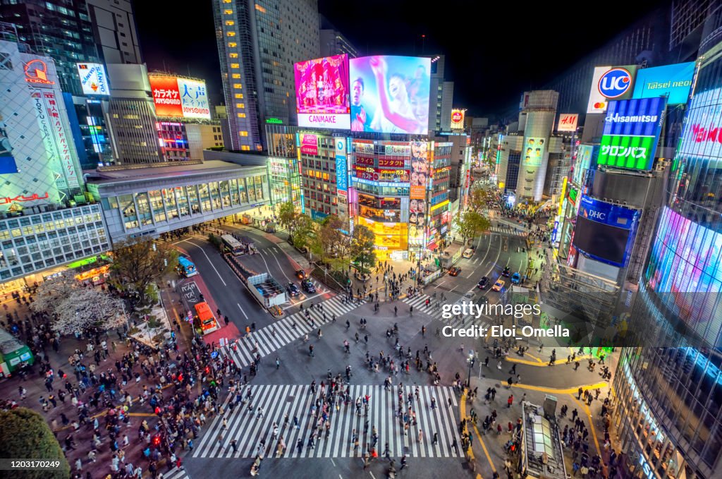 Aerial view of Shibuya Crossing at night. Tokyo 2020, Japan