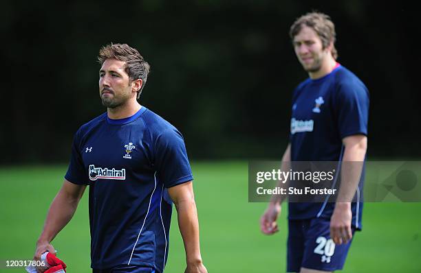 Wales players Gavin Henson and Ryan Jones turn up for Wales Rugby Union training at the Vale resort on August 4, 2011 in Cardiff, Wales.