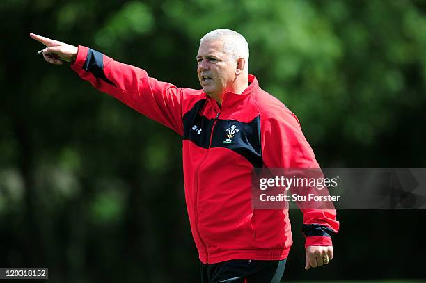 Wales head coach Warren Gatland makes a point during Wales Rugby Union training at the Vale resort on August 4, 2011 in Cardiff, Wales.