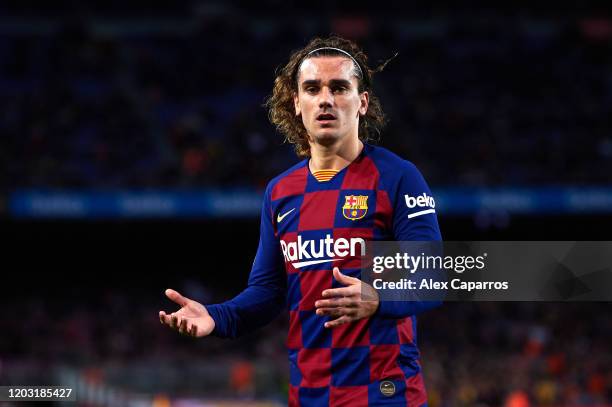 Antoine Griezmann of FC Barcelona reacts during the Copa del Rey Round of 16 match between FC Barcelona and CD Leganes at Camp Nou on January 30,...