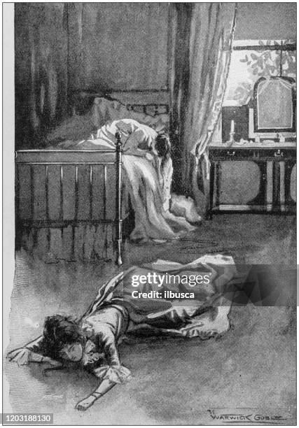 antique illustration: woman on floor - lying down stock illustrations