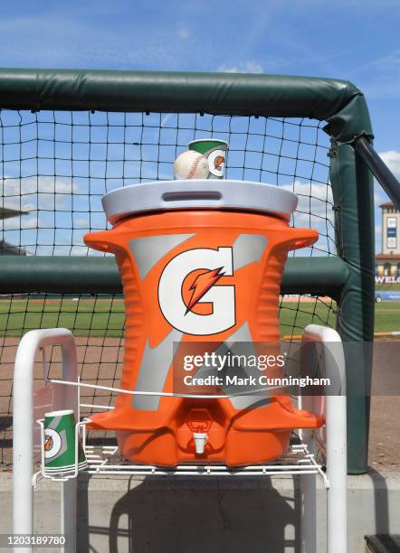 Detailed view of a Gatorade container sitting in the dugout prior to the Spring Training game between the Houston Astros and the Detroit Tigers at...