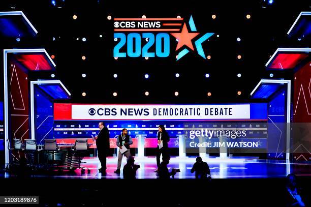 The CBS News Democratic National Committee Debate stage is viewed in Charleston, South Carolina, on February 25, 2020. - Democrats take the stage for...