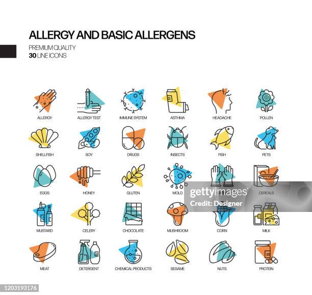 illustrations, cliparts, dessins animés et icônes de simple ensemble d'allergies et d'allergènes de base spotlight vector line icônes. collection de symboles de contour - allergie
