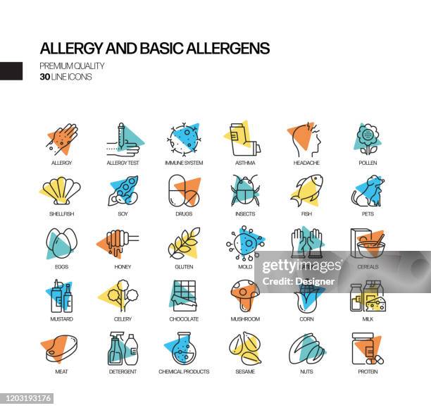 illustrazioni stock, clip art, cartoni animati e icone di tendenza di semplice set di allergie e icone di linea vettoriali spotlight correlate agli allergeni di base. insieme outline symbol - allergia