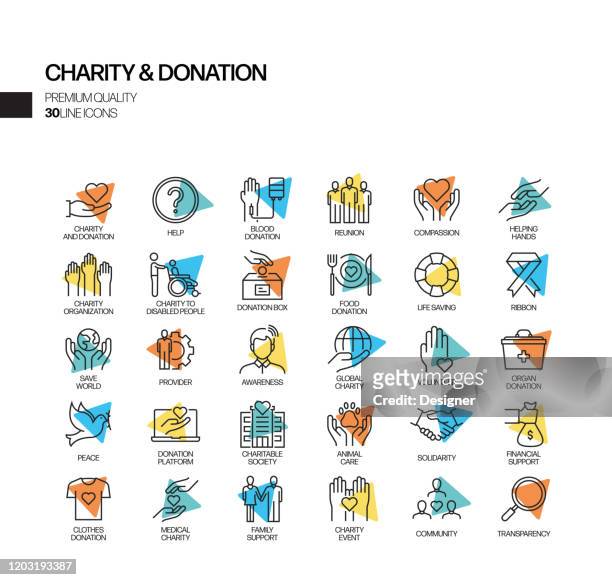 simple set of charity and donation related vector spotlight line icons. outline symbol collection. - family health club stock illustrations