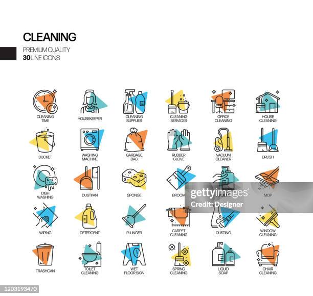 simple set of cleaning related vector spotlight line icons. outline symbol collection. - housekeeping icon stock illustrations