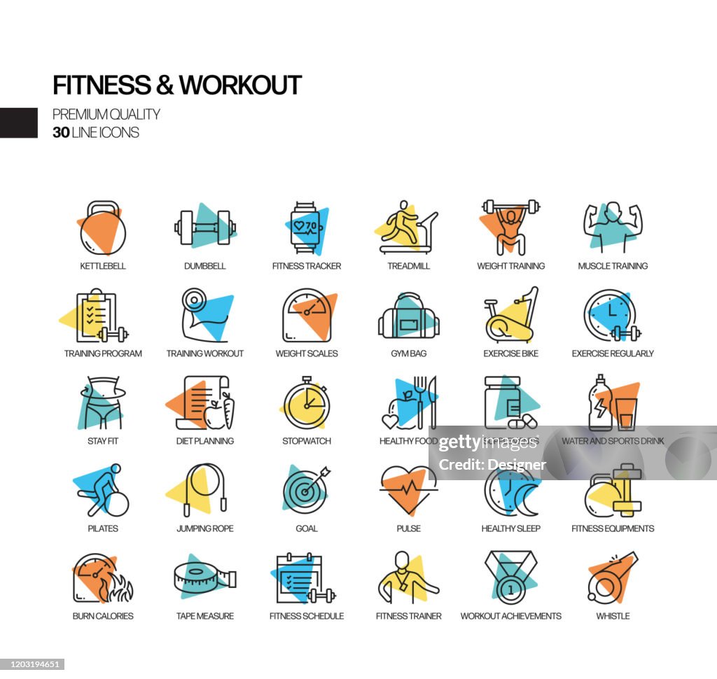 Einfache Set von Fitness und Workout verwandte Spotlight Vector Line Icons. Umrisssymbol-Auflistung
