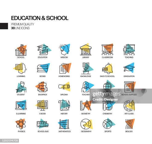 simple set of education and school related spotlight vector line icons. outline symbol collection. - elementary-school-icons stock illustrations