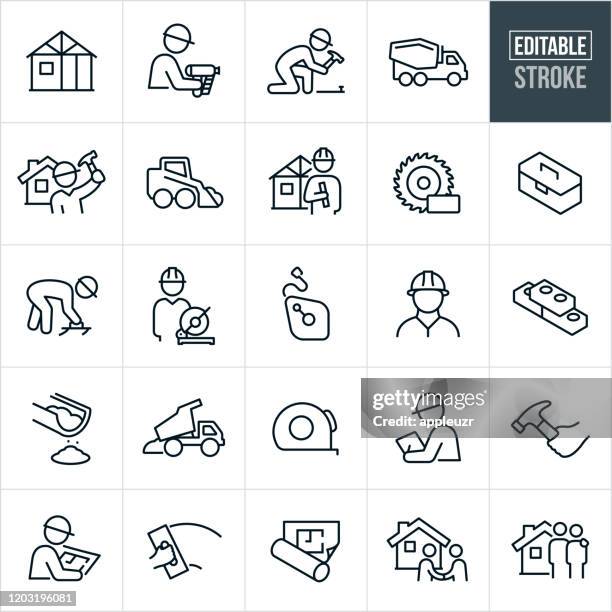 ilustraciones, imágenes clip art, dibujos animados e iconos de stock de nuevos iconos de línea delgada de construcción de viviendas - trazo editable - building contractor