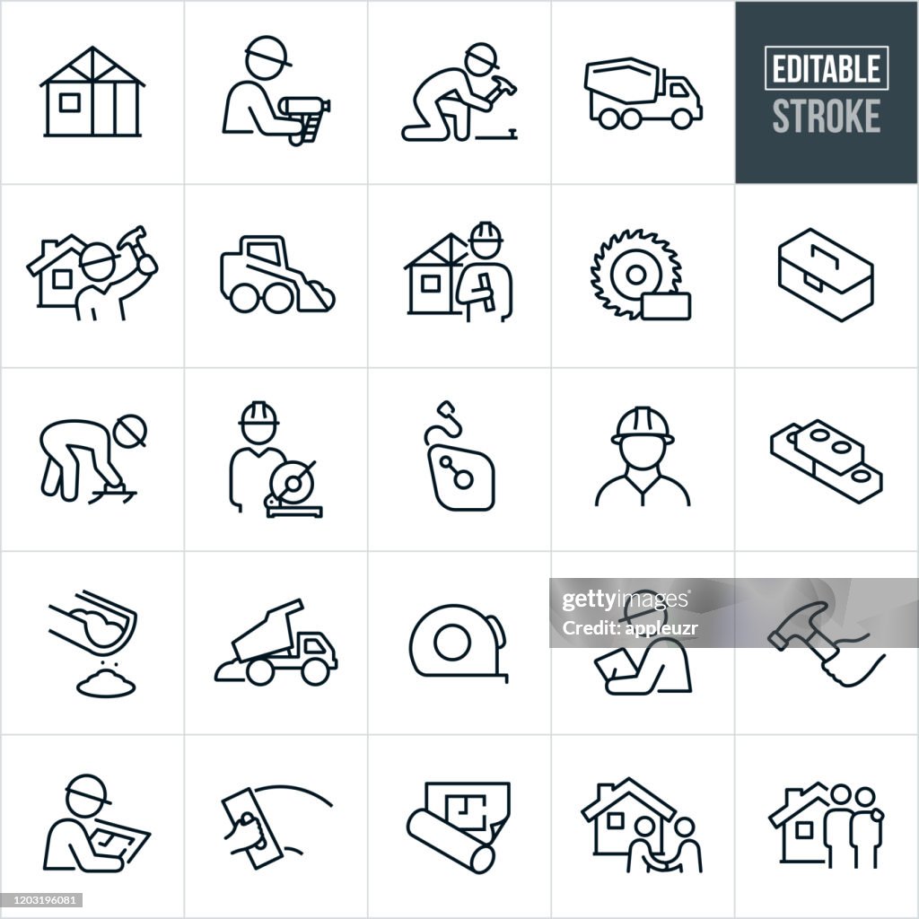New Home Construction Thin Line Icons - Editable Stroke