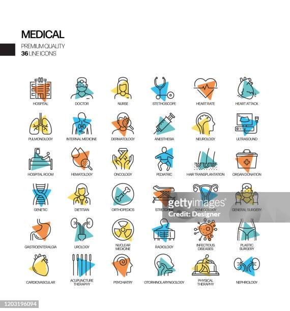 simple set of medical and health related spotlight vector line icons. outline symbol collection. - symptom stock illustrations