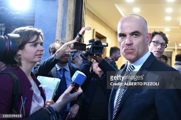 Swiss Health minister Alain Berset talks to the press after a meeting of Health ministers of Italy's border countries on February 25, 2020 in Rome...