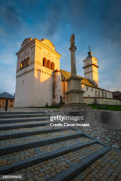 church, bell tower and town hall in the main square of spisska sobota. - slovakia monuments stock pictures, royalty-free photos & images