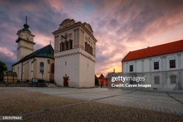 town hall, gothic church and renaissance bell tower in spisska sobota. - presov stock pictures, royalty-free photos & images