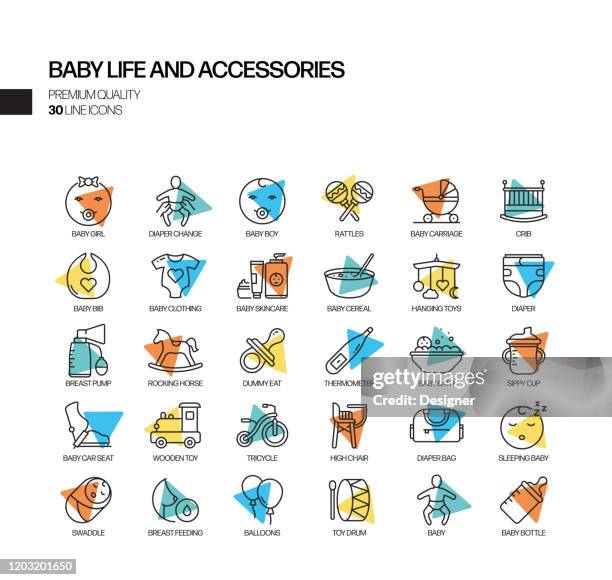 simple set of baby life and accessories related spotlight vector line icons. outline symbol collection - daycare stock illustrations