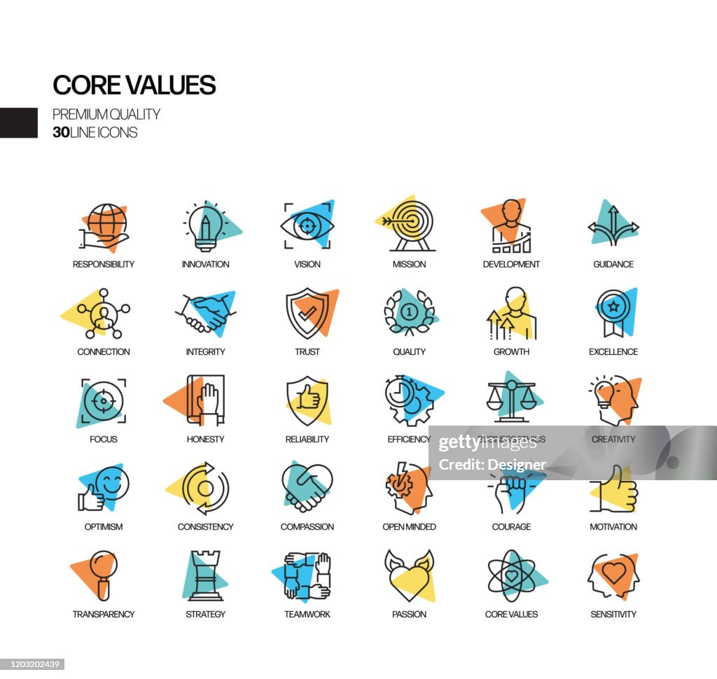 Conjunto simple de valores principales iconos de línea vectorial de foco relacionados. Colección de símbolos de esquema.