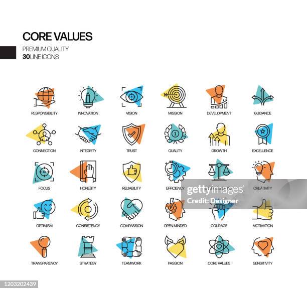 ilustraciones, imágenes clip art, dibujos animados e iconos de stock de conjunto simple de valores principales iconos de línea vectorial de foco relacionados. colección de símbolos de esquema. - concentración