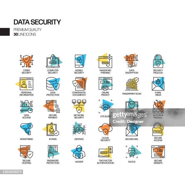 simple set of data security related spotlight vector line icons. outline symbol collection. - identity theft stock illustrations
