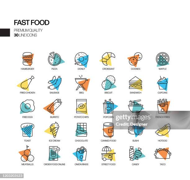 einfache set von fast food verwandte spotlight vector line icons. gliederungssymbolsammlung. - frittiert stock-grafiken, -clipart, -cartoons und -symbole
