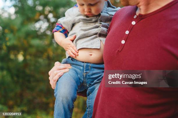 close-up of a toddler in father's arms investigating his exposed belly - chubby kid stock-fotos und bilder