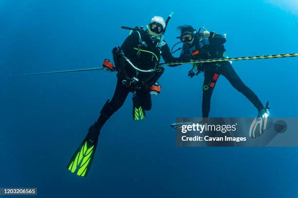 2 divers at the mandatory 3 minute safety stop on a mooring line - old people diving stock pictures, royalty-free photos & images