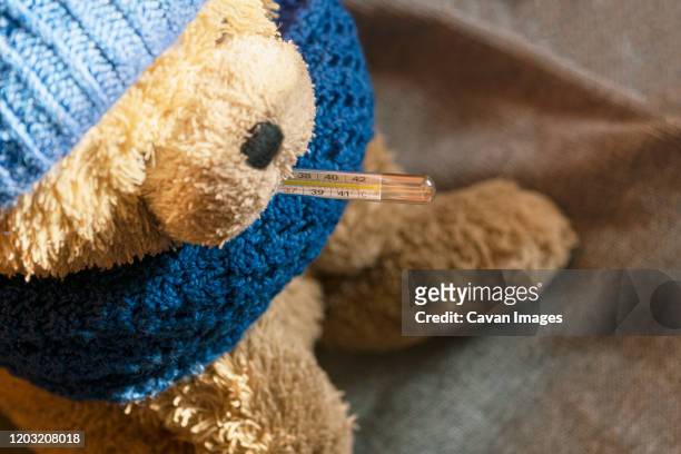plush bear with thermometer in mouth. wearing knitted hat and scarf. cold, flu, illness, high temperature concept - baby products photos et images de collection