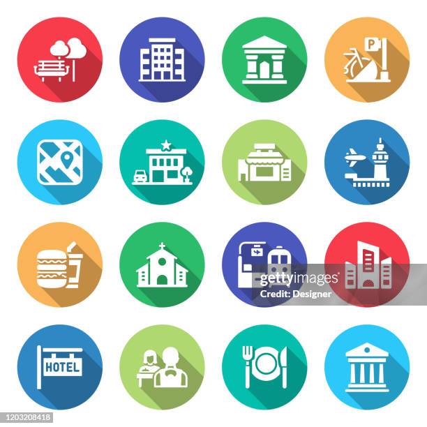 simple set of city elements related vector flat icons. symbol collection. - road side view stock illustrations