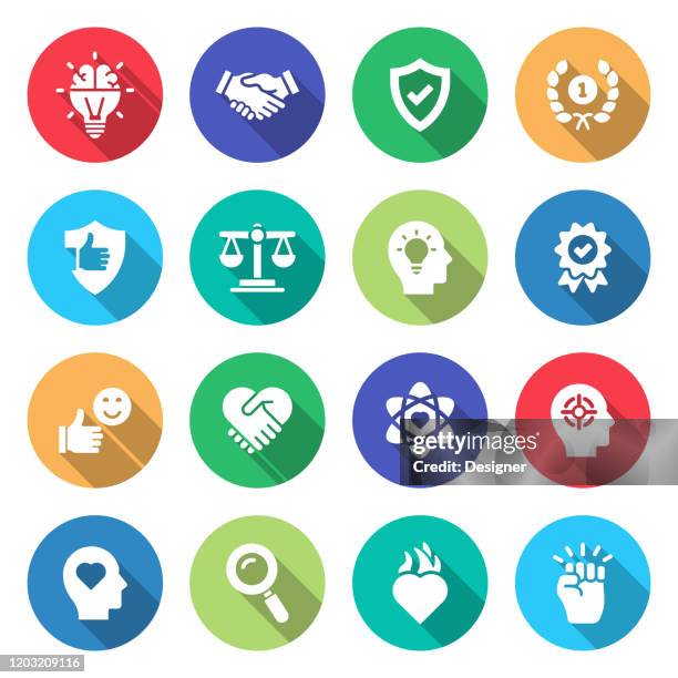 stockillustraties, clipart, cartoons en iconen met eenvoudige set kernwaarden gerelateerde vectorplatte pictogrammen. symboolverzameling. - honesty