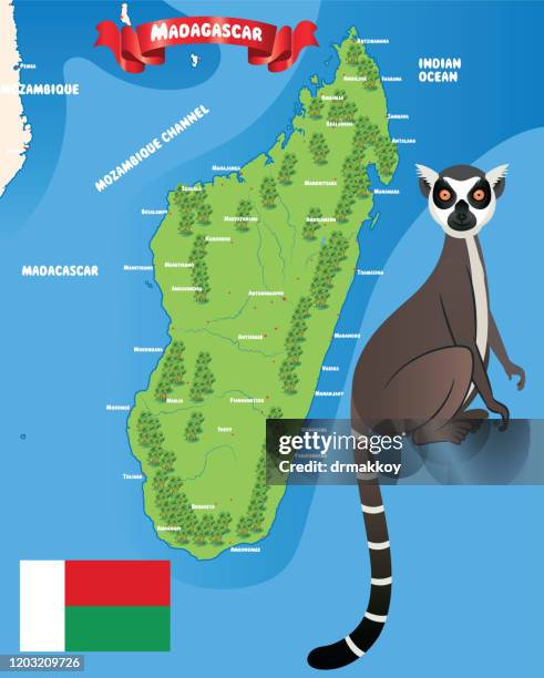 lemur and madagascar map, antananarivo, toamasina, antsirabe, fianarantsoa, mahajanga, toliara, antsiranana, antanifotsy, ambovombe, ambilobe, amparafaravola, tolanaro, ambatondrazaka, mananara, soavinandriana, mahanoro, soanierana - antananarivo stock illustrations