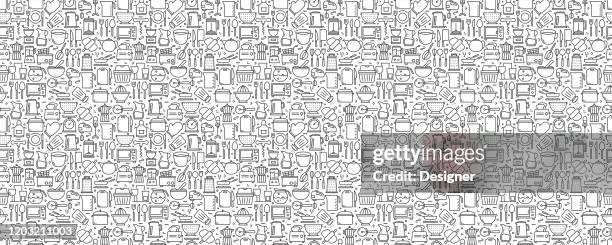 kitchen utensils seamless pattern and background with line icons - major household appliance stock illustrations