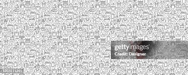 illustrations, cliparts, dessins animés et icônes de baby life and accessories seamless pattern and background with line icons - child care
