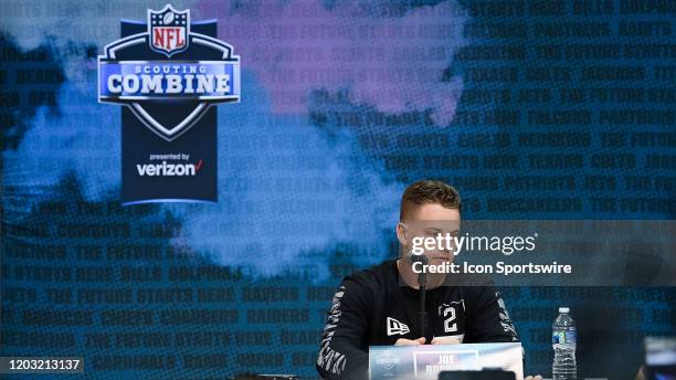 Louisiana State quarterback Joe Burrow answers questions from the media during the NFL Scouting Combine on February 25, 2020 at the Indiana...