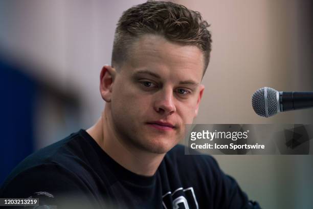 Louisiana State quarterback Joe Burrow answers questions from the media during the NFL Scouting Combine on February 25, 2020 at the Indiana...