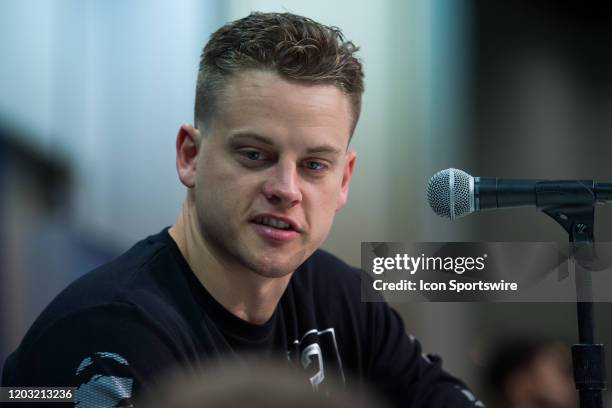 Louisiana State quarterback Joe Burrow answers questions from the media during the NFL Scouting Combine on February 25, 2020 at the Indiana...