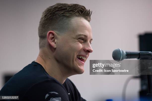 Louisiana State quarterback Joe Burrow answers questions from the media during the NFL Scouting Combine on February 25, 2020 at the Indiana...