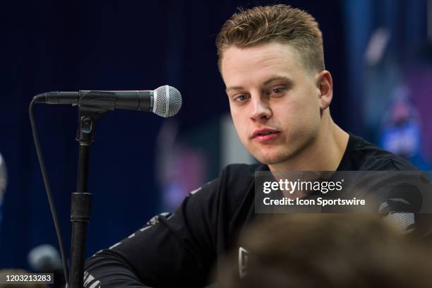 Louisiana State quarterback Joe Burrow answers questions from the media during the NFL Scouting Combine on February 25, 2020 at the Indiana...